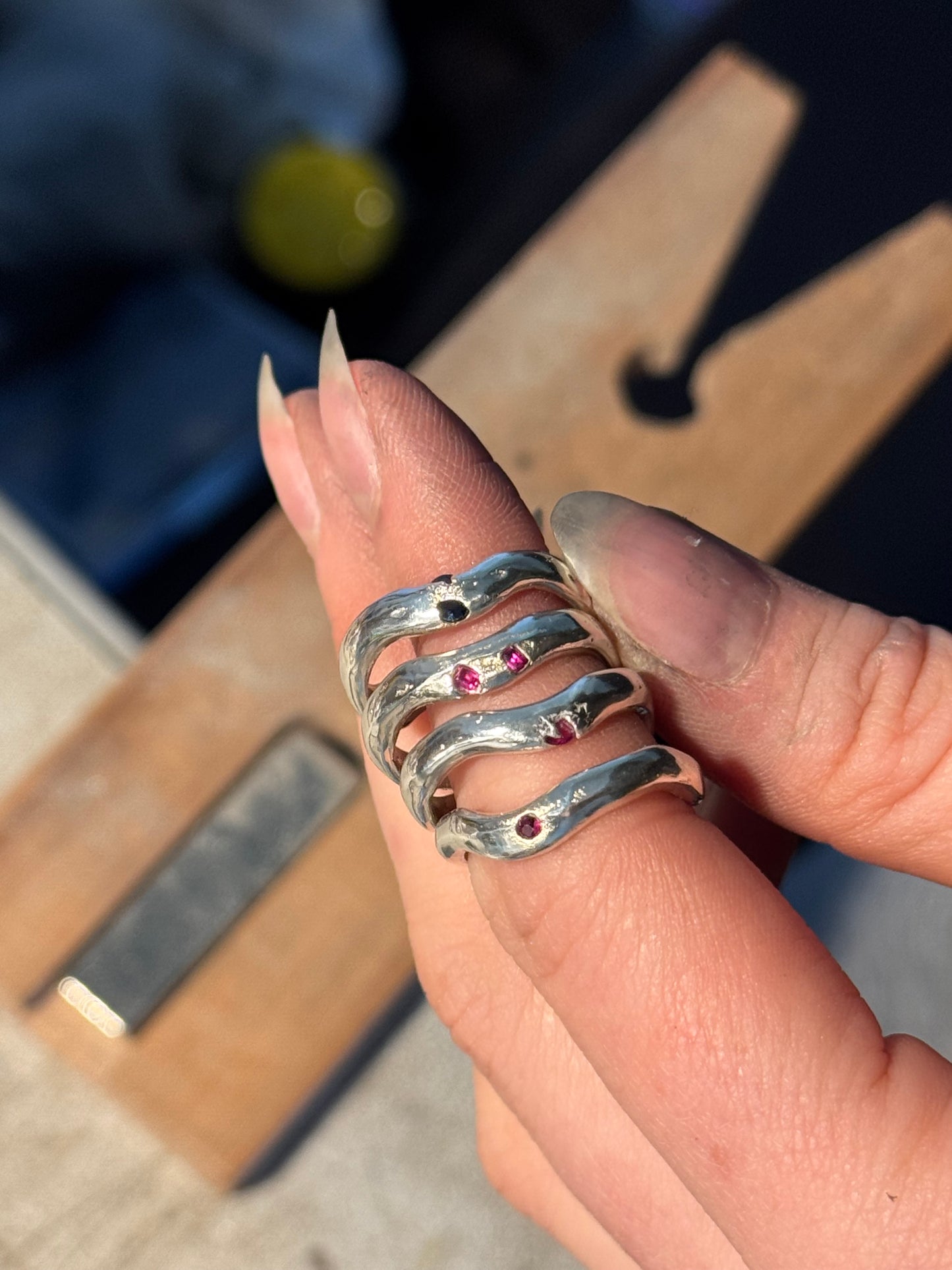 Recycled Silver and Single Sapphire Wavey Band